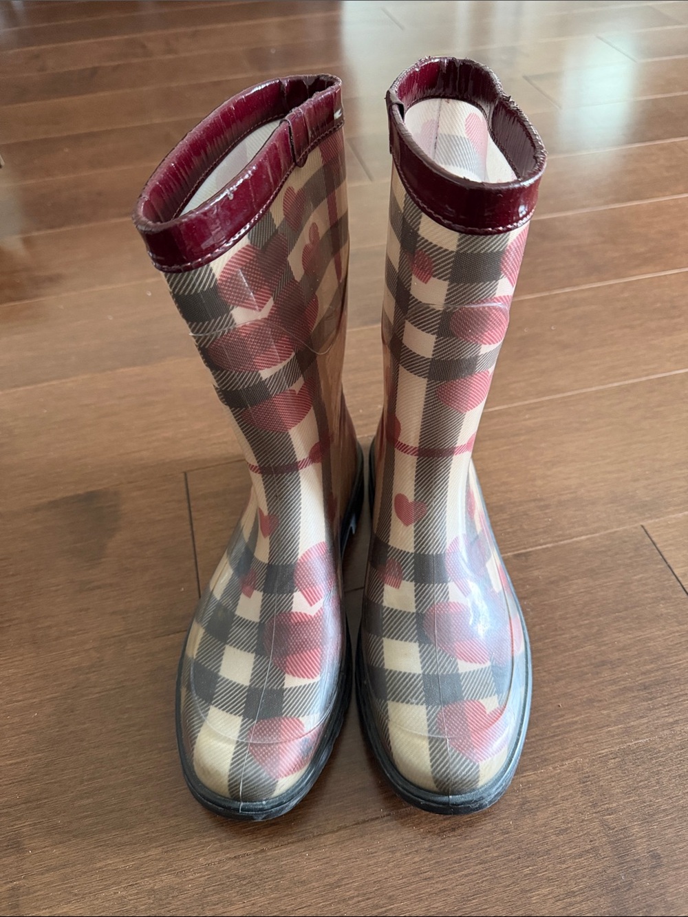 Burberry Waterproof Plaid Rain Boots with Heart Accent - Burgundy Trim